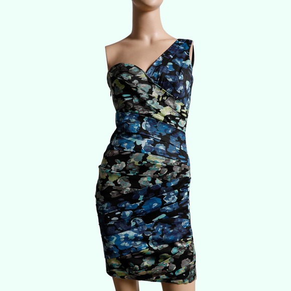 BCBGMAXAZRIA Multicolor Floral One Shoulder Mini Dress - Picture 5 of 6
